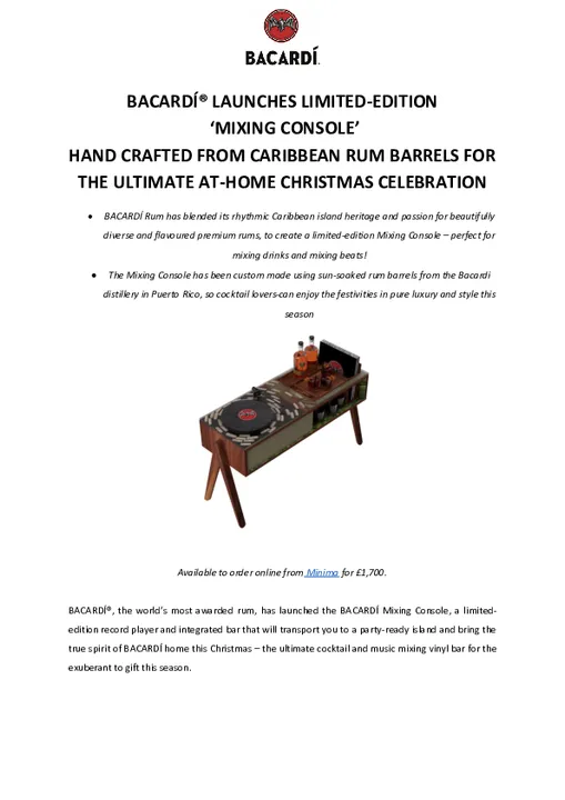 BACARDÍ® LAUNCHES LIMITED-EDITION
 ‘MIXING CONSOLE’ HAND CRAFTED FROM CARIBBEAN RUM BARRELS FOR THE ULTIMATE AT-HOME CHRISTMAS CELEBRATION