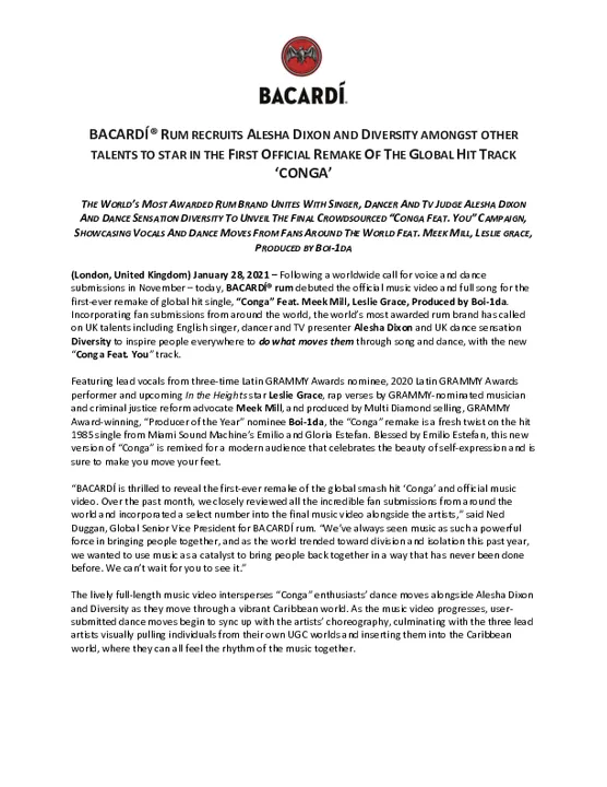 BACARDÍ® RUM RECRUITS ALESHA DIXON AND DIVERSITY AMONGST OTHER TALENTS TO STAR IN THE FIRST OFFICIAL REMAKE OF THE GLOBAL HIT TRACK ‘CONGA’ 