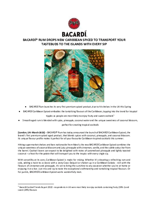BACARDÍ® RUM DROPS NEW CARIBBEAN SPICED TO TRANSPORT YOUR TASTEBUDS TO THE ISLANDS WITH EVERY SIP 