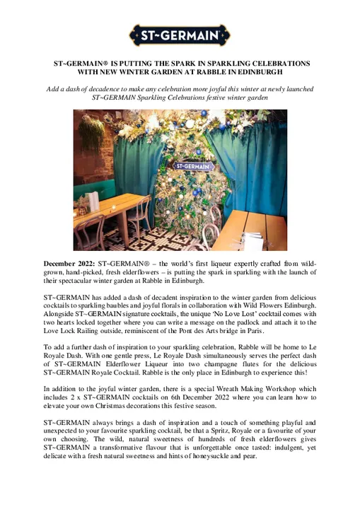   ST~GERMAIN® IS PUTTING THE SPARK IN SPARKLING CELEBRATIONS WITH NEW WINTER GARDEN AT RABBLE IN EDINBURGH