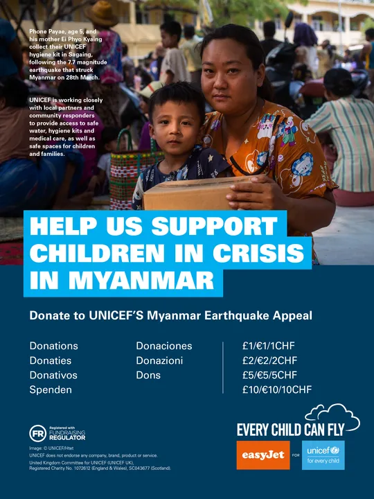easyJet launches onboard collection to support UNICEF’s Myanmar Earthquake Appeal