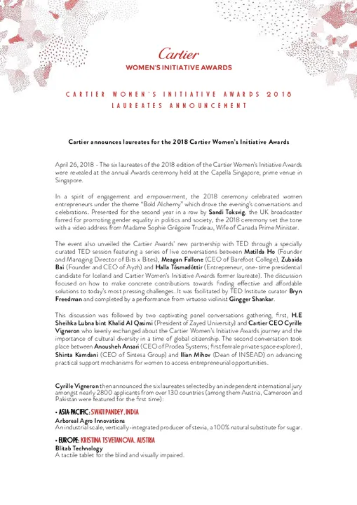 Laureates Announced At Cartier Women’s Initiative Awards 2018