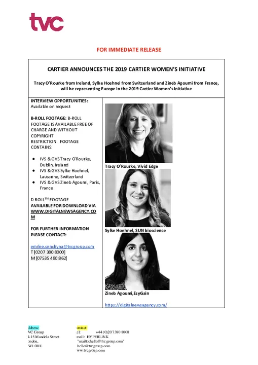 Entrepreneurs in Europe announced as finalists for the 2019 Cartier Women's Initiative 