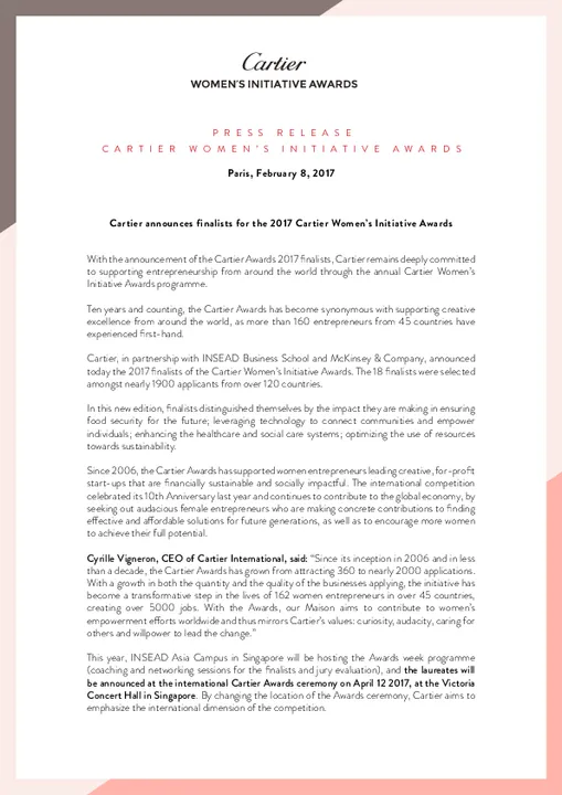 Cartier announces finalists for the 2017 Cartier Women’s Initiative Awards