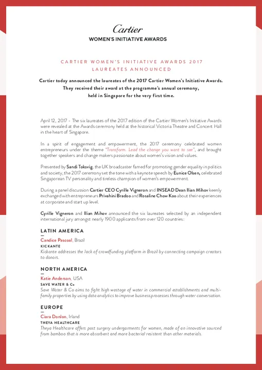  Laureates Announced At Cartier Women’s Initiative Awards 2017
