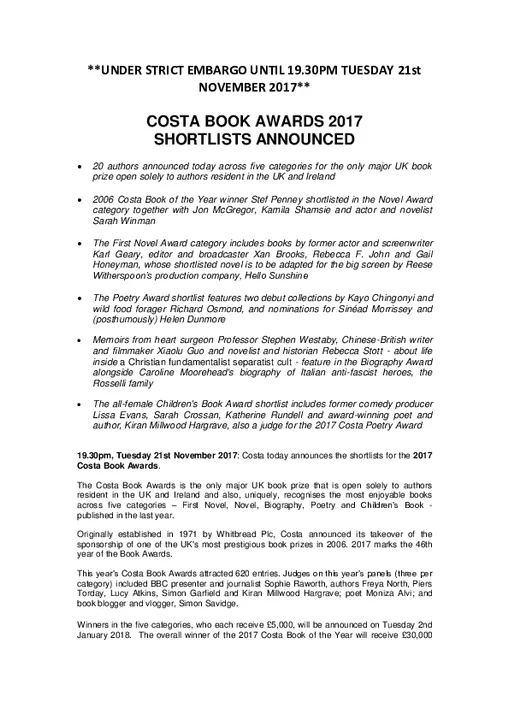 Costa Book Awards 2017 Shortlists Announced