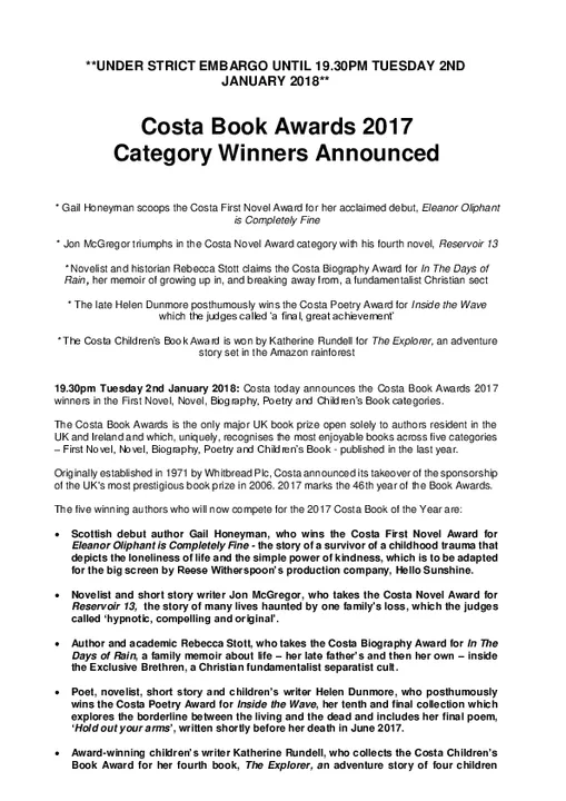 Costa Book Awards 2017 Category Winners Announced