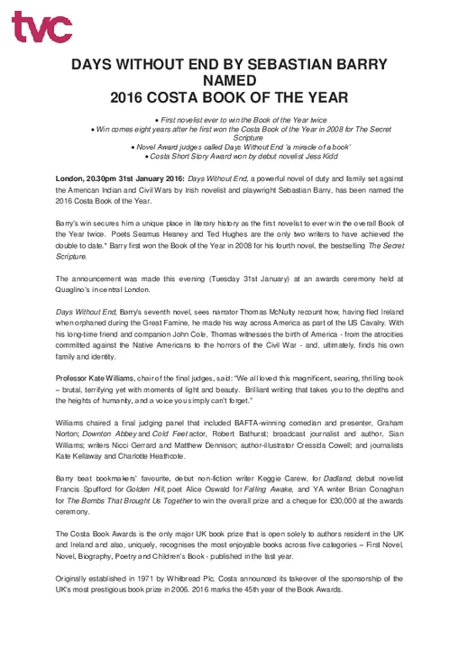 Sebastian Barry Announced as Winner of the 2016 Costa Book Of The Year