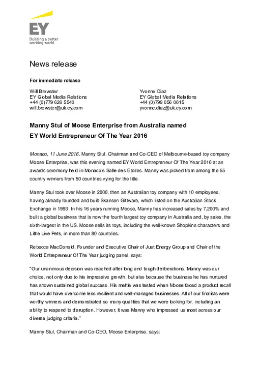 Manny Stul of Moose Enterprise from Australia named EY World Entrepreneur Of The Year 2016
