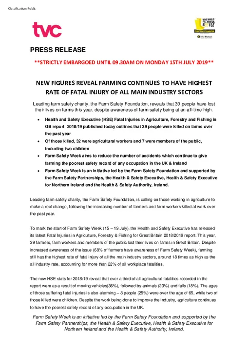 New Figures Reveal Farming Continues to Have Highest                                                      Rate of Fatal Injury of All Industry Sectors