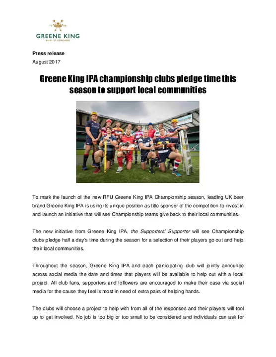 Greene King IPA Championship clubs pledge time this season to support local communities