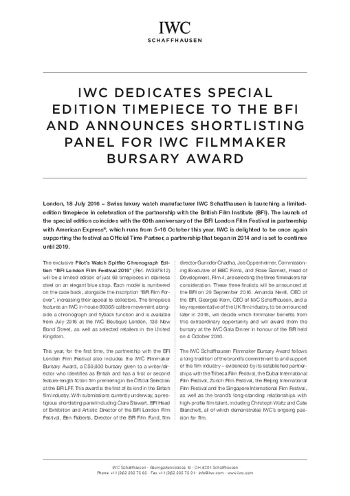Shortlisting Panel Announced for IWC Filmmaker Bursary Award in Association With the BFI