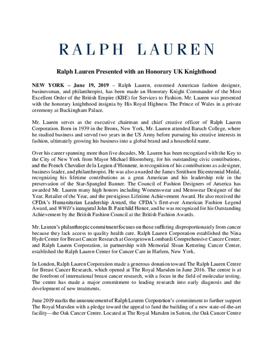 Ralph Lauren Presented with an Honorary UK Knighthood