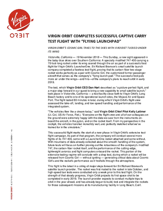 Virgin Orbit one step closer to 2019 mission after successful test flight with “flying launch pad”
