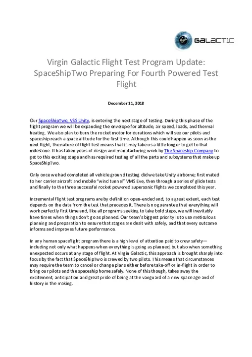 Virgin Galactic Flight Test Program Update
