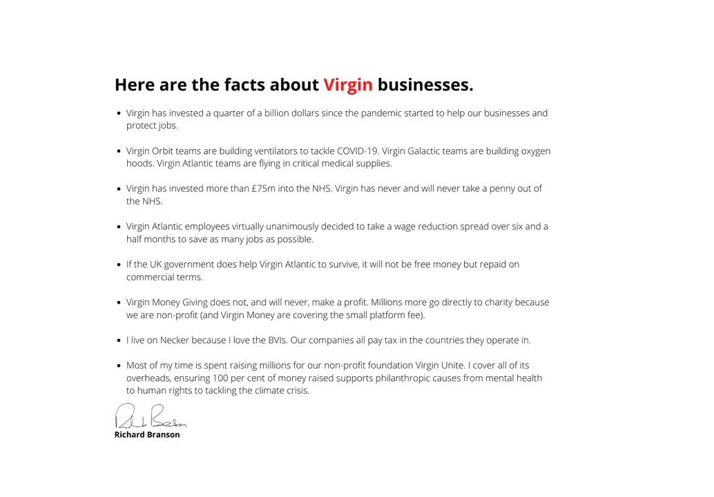 
An open letter to Virgin employees 

 