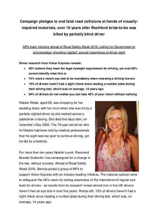 MP Led Campaign pledges to end fatal road collisions at hands of visually-impaired motorists, more than 10 years after Rochford bride-to-be was killed by partially blind driver