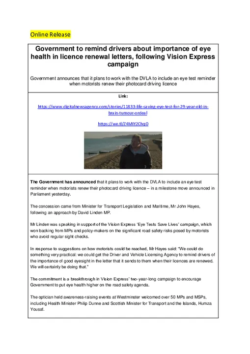 Government To Remind Drivers About Importance Of Eye Health In Licence Renewal Letters Following Vision Express Campaign