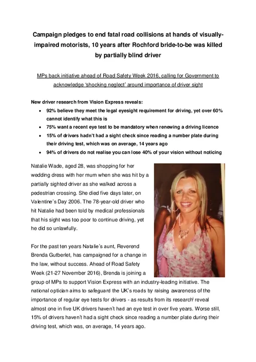 MP Led Campaign pledges to end fatal road collisions at hands of visually-impaired motorists, 10 years after Rochford bride-to-be was killed by partially blind driver 