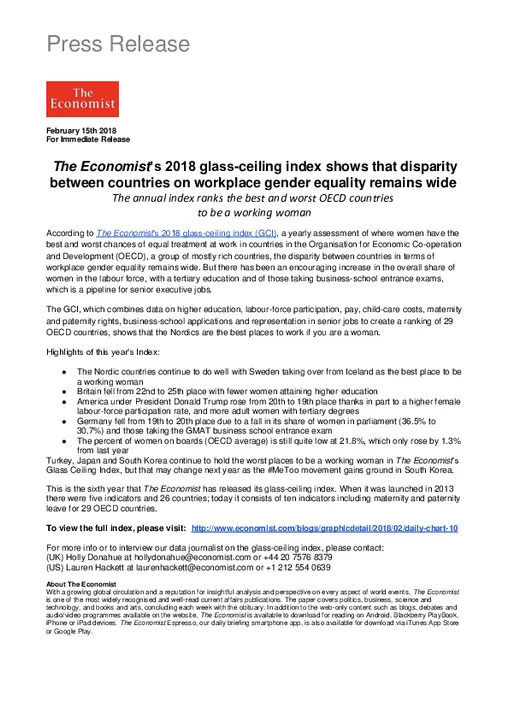 The Economist’s 2018 glass-ceiling index shows that disparity between countries on workplace gender equality remains wide 