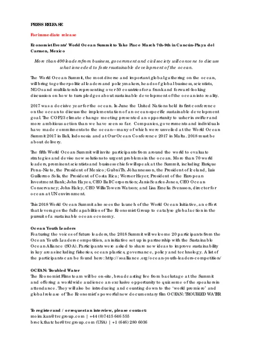 World Ocean Summit 2018: Delivery and Accountability - Invitation to attend