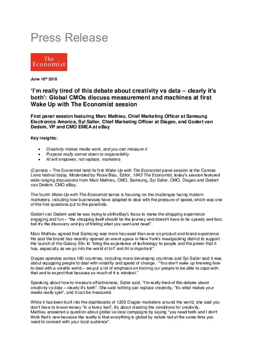‘I’m really tired of this debate about creativity vs data – clearly it’s both’: Global CMOs discuss measurement and machines at first Cannes Lions ‘Wake up with The Economist’ session 