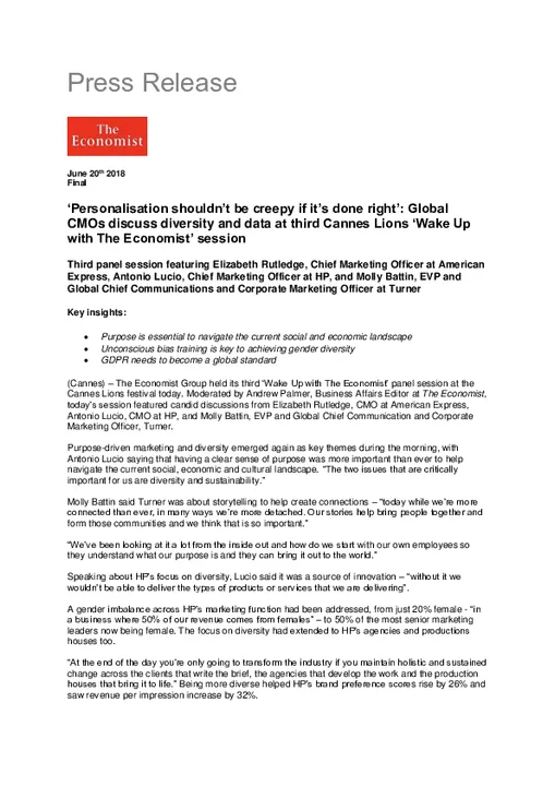 ‘Personalisation shouldn’t be creepy if it’s done right’: Global CMOs discuss diversity and data at third Cannes Lions ‘Wake Up with The Economist’ session 