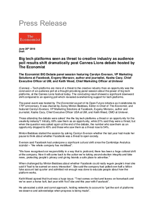 Big tech platforms seen as threat to creative industry as audience poll results shift dramatically post Cannes Lions debate hosted by The Economist