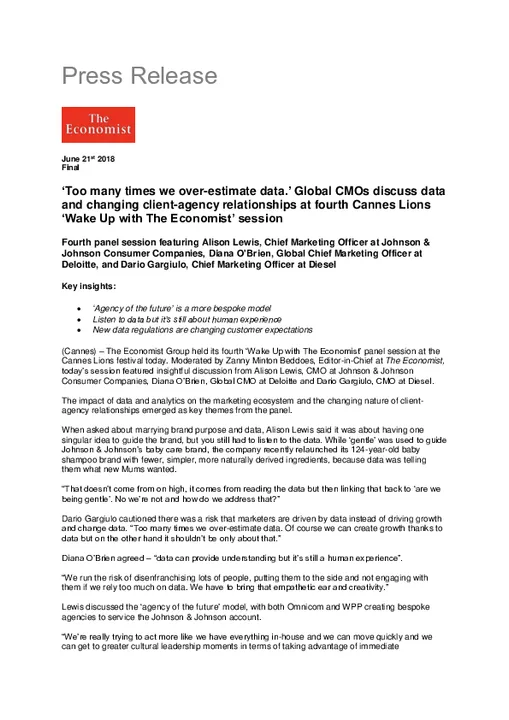 ‘Too many times we over-estimate data.’ Global CMOs discuss data and changing client-agency relationships at fourth Cannes Lions ‘Wake Up with The Economist’ session 