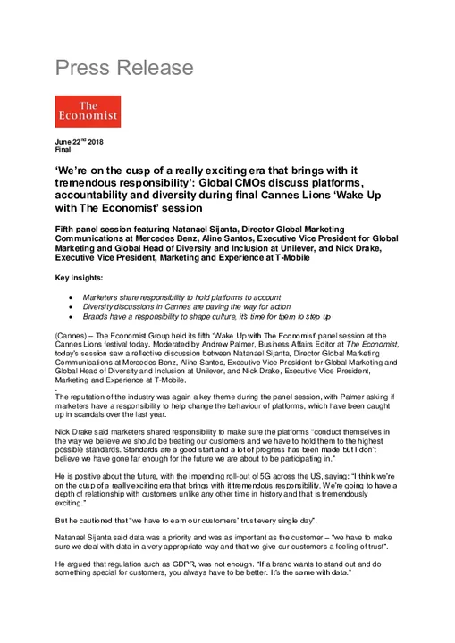 Global CMOs discuss platforms, accountability and diversity during final Cannes Lions ‘Wake Up with The Economist’  session