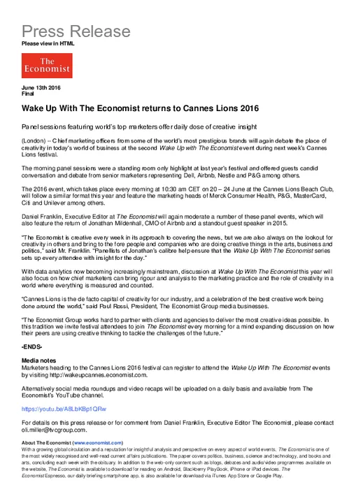 Wake Up With The Economist returns to Cannes Lions 2016