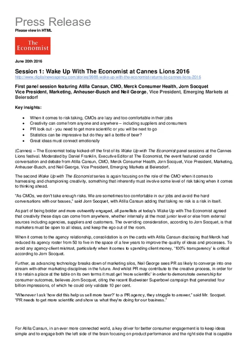 Wake Up With The Economist returns to Cannes Lions 2016