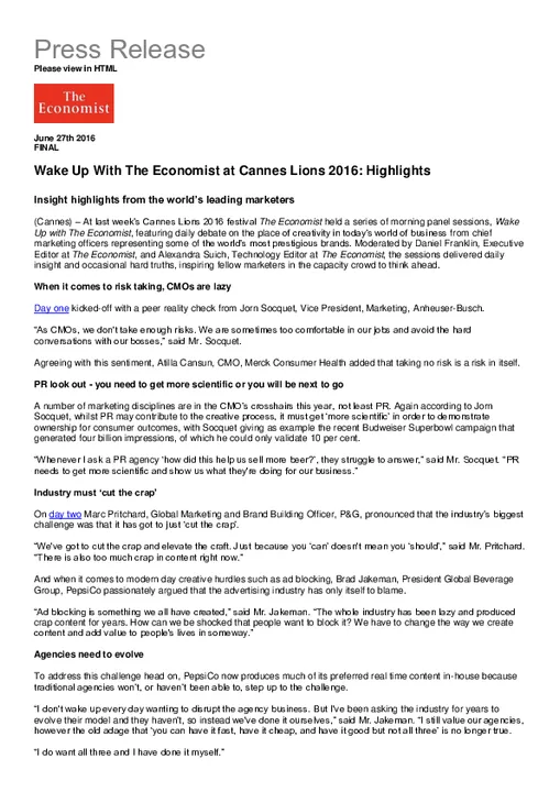 Wake Up With The Economist at Cannes Lions 2016: Highlights 