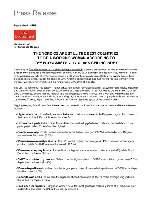 THE ECONOMIST RELEASES 2017 GLASS-CEILING INDEX