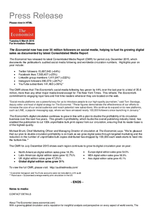 The Economist’s Consolidated Media Report shows year-on-year digital subscription growth
