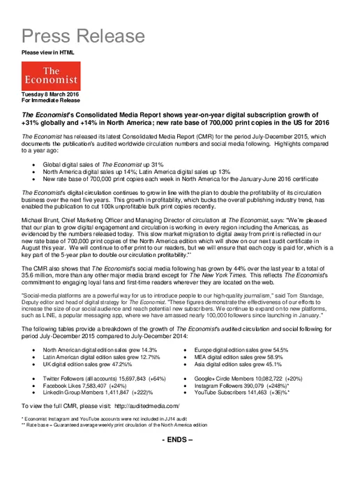 The Economist’s Consolidated Media Report shows year-on-year digital subscription growth