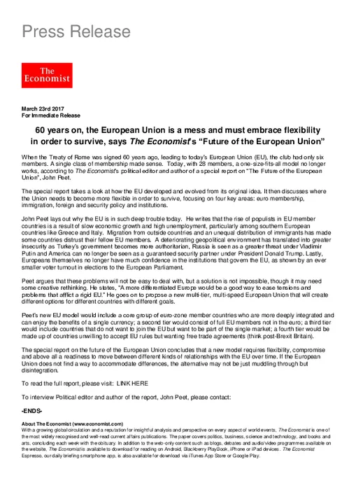 60 years on, the European Union is a mess and must embrace flexibility  in order to survive, says The Economist’s “Future of the European Union” special report