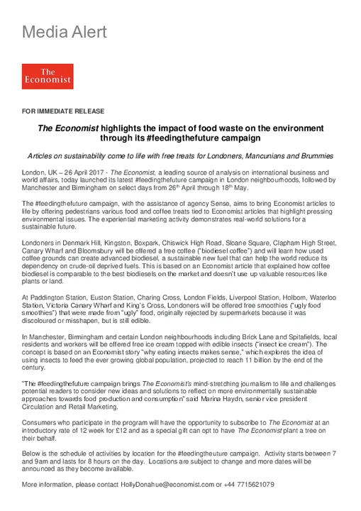 The Economist highlights the impact of food waste on the environment through its #feedingthefuture campaign in the UK
