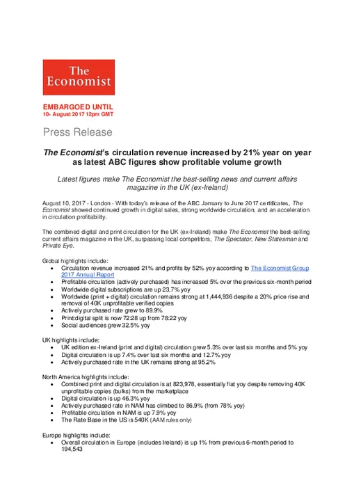 The Economist’s circulation revenue increased by 21% year on year  as latest ABC figures show profitable volume growth 